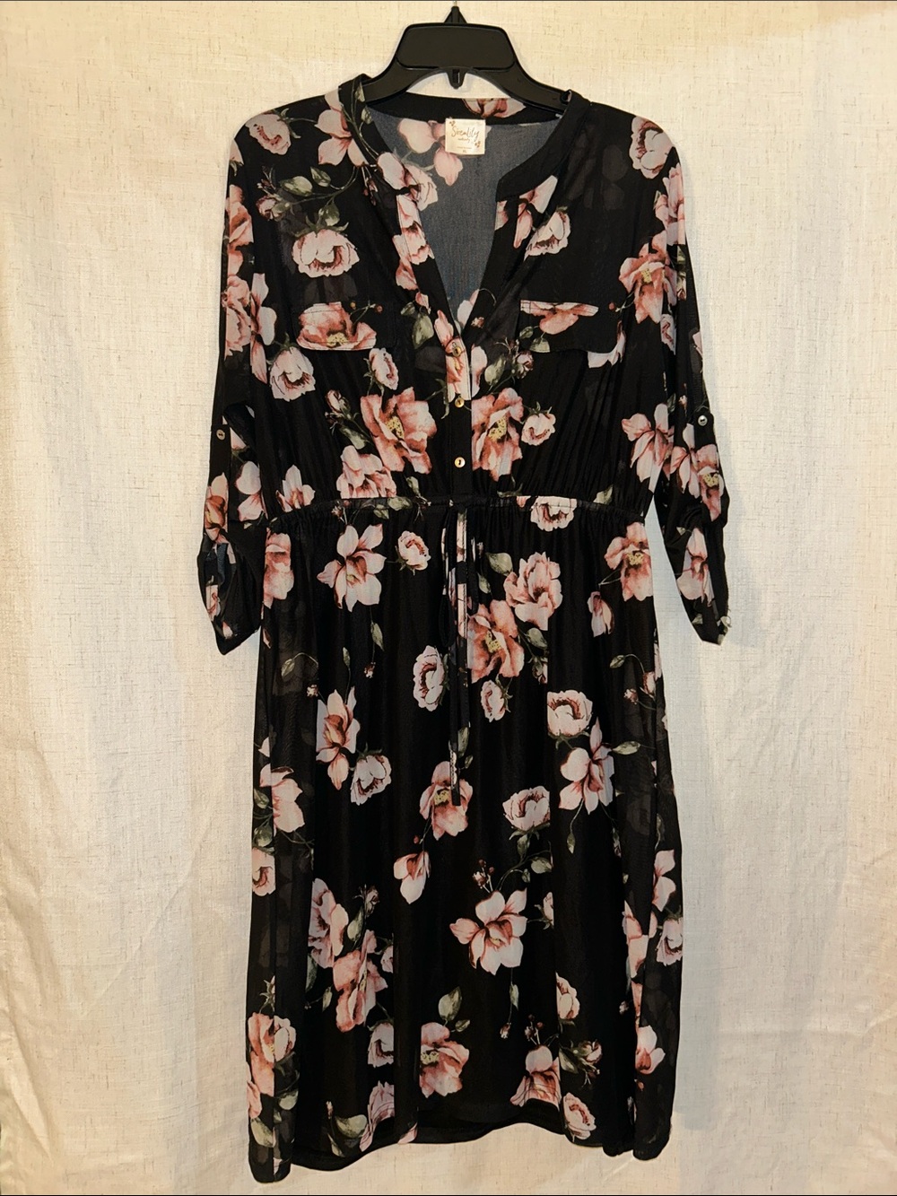 Siren Lily Black Midi Dress with Pink Floral Print